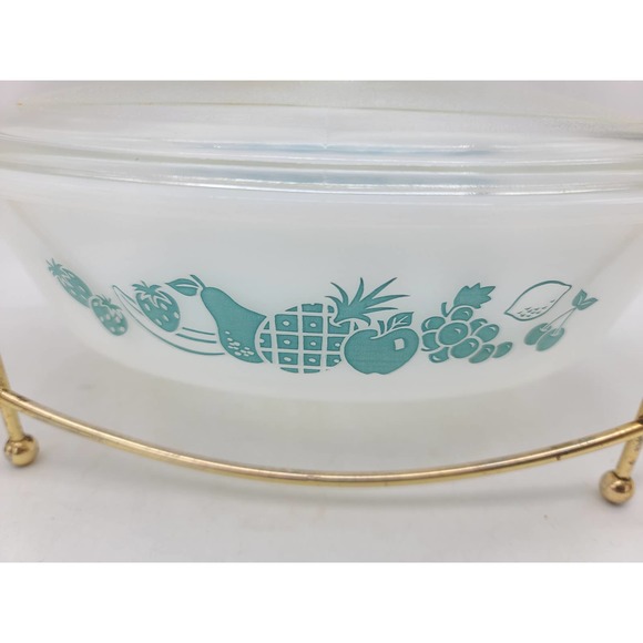 Vintage Glasbake Glass Oval 1Qt Casserole Lid And Metal Carrier Stand Pineapple - Picture 6 of 10